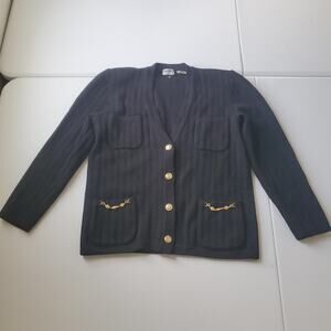 Vintage Celine Cardigan Sweater Womens 42 Black 100% Wool Chain Logo Buttons